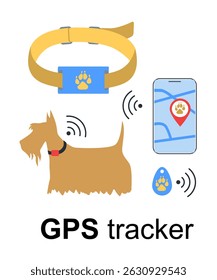 Modern pet tracking concept showing a dog with a GPS smart collar, a smartphone app with tracking interface, and location markers. Highlights safety and innovation in smart pet accessories.