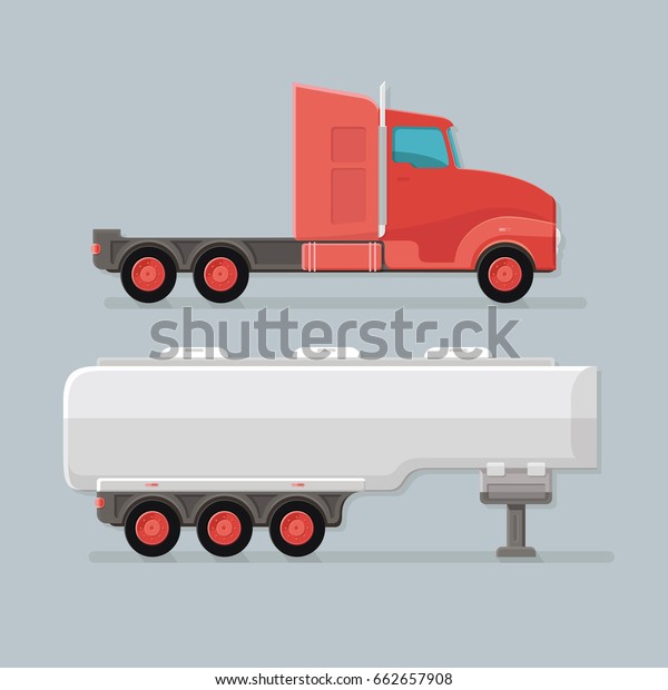 Modern petite Cargo Red Fuel\
Tanker Truck Trailer easy to edit vector template isolated on grey\
background. Delivery a large car. Flat icon illustration\
design