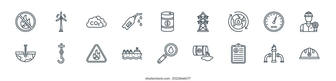 modern petrol industry icon pack. perfect for linear ui designs featuring vector helmet, fracking, data report, spill, search, ship, flammable and more icons for mobile and web apps.
