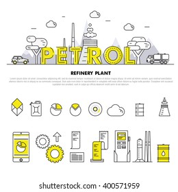 Modern petrol industry thin block line flat icons and composition with gas station technology  and development gasoline program 