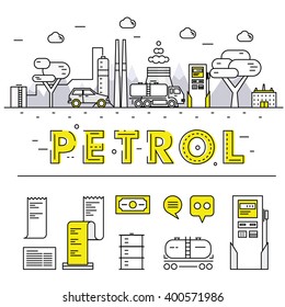 Modern petrol industry thin block line flat icons and composition with gas station technology  and development gasoline program 