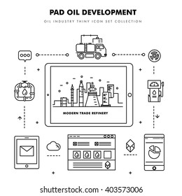 Modern petrol industry thin block line flat icons and composition with gas station technology  and development gasoline program in black and white style