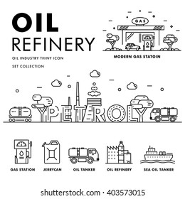 Modern petrol industry thin block line flat icons and composition with gas station technology  and development gasoline program in black and white style