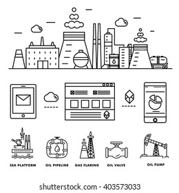Modern petrol industry thin block line flat icons and composition with gas station technology  and development gasoline program in black and white style