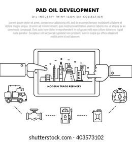 Modern petrol industry thin block line flat icons and composition with gas station technology  and development gasoline program in black and white style