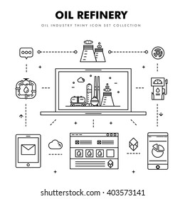 Modern petrol industry thin block line flat icons and composition with gas station technology  and development gasoline program in black and white style