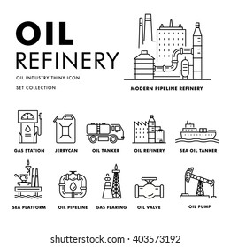 Modern petrol industry thin block line flat icons and composition with gas station technology  and development gasoline program in black and white style