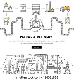 Modern petrol industry thin block line flat color icons and composition with gas station technology and development gasoline program 