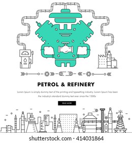 Modern petrol industry thin block line flat color icons and composition with gas station technology and development gasoline program 