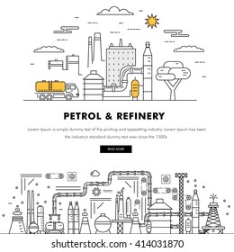 Moderna industria de la gasolina línea de bloques delgados, iconos de color plano y composición con tecnología de gasolineras y programa de desarrollo de gasolina 