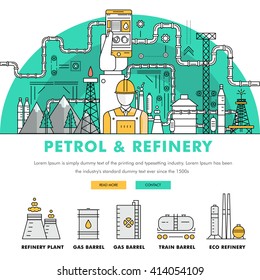 Modern petrol industry thin block line flat color icons and composition with gas station technology and development gasoline program 