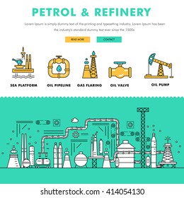 Modern petrol industry thin block line flat color icons and composition with gas station technology and development gasoline program 