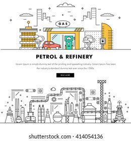 Modern petrol industry thin block line flat color icons and composition with gas station technology and development gasoline program 