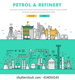 Modern petrol industry thin block line flat color icons and composition with gas station technology and development gasoline program 