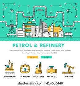 Modern petrol industry thin block line flat color icons and composition with gas station technology and development gasoline program 