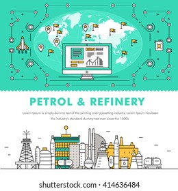 Modern petrol industry thin block line flat color icons and composition with gas station technology and development gasoline program 