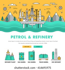 Modern petrol industry thin block line flat color icons and composition with gas station technology and development gasoline program 