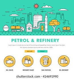 Modern petrol industry thin block line flat color icons and composition with gas station technology and development gasoline program 