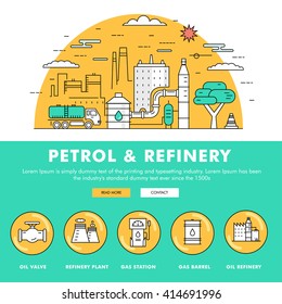 Modern petrol industry thin block line flat color icons and composition with gas station technology and development gasoline program 