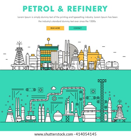 Modern petrol industry thin block line flat color icons and composition with gas station technology and development gasoline program 