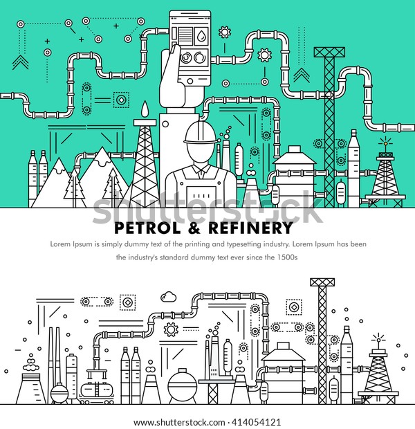 Modern petrol industry thin block line flat color icons\
and composition with gas station technology and development\
gasoline program 