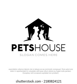 Modern Pets House vector Logo. Cat and Dog house vector logo. Cat and dog Silhouette vector. Animals shop logo design template. 