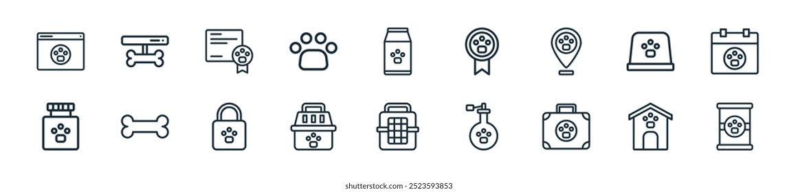 modern pets icon pack. perfect for linear ui designs featuring vector pet food, dog house, medical kit, perfume, pet carrier, pet carrier, shopping bag and more icons for mobile and web apps.