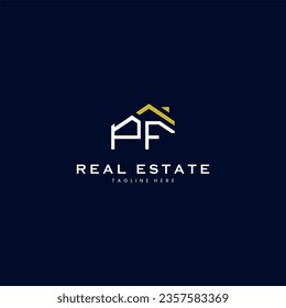 modern PF letter real estate logo in linear style with simple roof building in blue