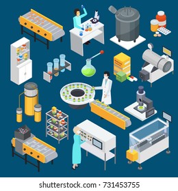 Modern Pharmaceutical Industry Drug Production Isometric Icons Collection With Scientific Research And Manufacturing Facilities Isolated Vector Illustration 