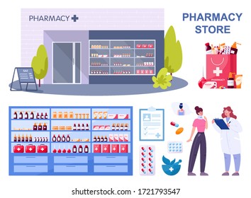 Modern pharmacy building exterior. People order and buy medicaments and drugs. Healthcare and medical treatment concept. Vector illustration in cartoon style