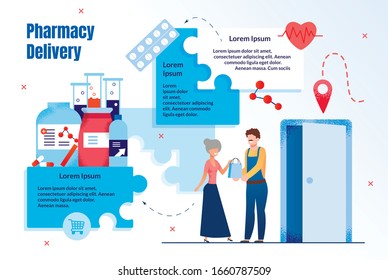 Modern Pharmacy Delivery, Medicines Online Shopping Service Trendy Flat Vector Ad Banner, Promo Banner or Infographics Template. Deliveryman or Courier Delivering Goods to Senior Woman Illustration