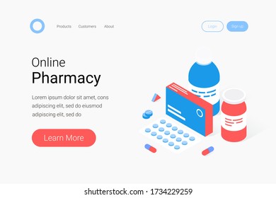 Modern pharmacy and drugstore concept. Medicaments, drugs, pills, capsules and medical staff people. Trendy flat 3d isometric style. Landing page template. Vector illustration.