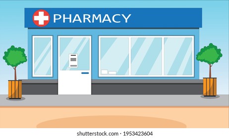 Modern Pharmacy Or Drugstore Exterior. Facade Of Pharmacy Store. Vector Illustration.