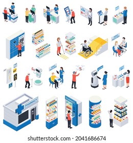 Modern pharmacy equipment showcase chatbot self service health check characters of customers and pharmacists isometric set 3d isolated vector illustration