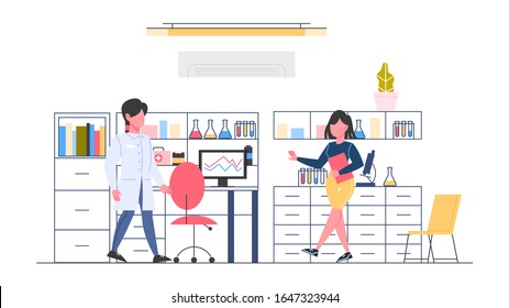 Modern pharmacy interior. Pharmacy laboratory. Healthcare and medical treatment concept. Vector illustration in cartoon style