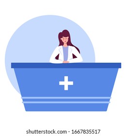 Interior de farmacia moderno. Farmacéutico de pie en el mostrador con el uniforme. Concepto de atención médica y tratamiento médico. Ilustración del vector