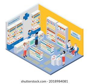 Modern pharmacy interior with showcases tactile paving for blind and express health check isometric vector illustration