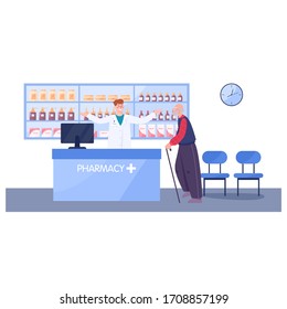 Modern pharmacy interior with visitor. Client order and buy medicaments and drugs. Pharmacist standing at the counter in the uniform. Healthcare and medical treatment concept. Vector illustration