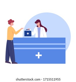 Modern pharmacy interior with visitor. Client order and buy medicaments and drugs. Pharmacist standing at the counter in the uniform. Healthcare and medical treatment concept. Vector illustration