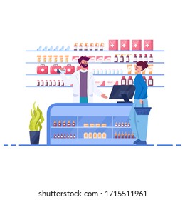 Modern pharmacy interior with visitor. Client order and buy medicaments and drugs. Pharmacist standing at the counter in the uniform. Healthcare and medical treatment concept. Vector illustration