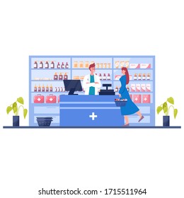 Modern pharmacy interior with visitor. Client order and buy medicaments and drugs. Pharmacist standing at the counter in the uniform. Healthcare and medical treatment concept. Vector illustration