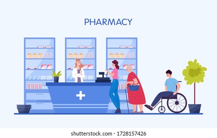 Modern pharmacy interior with visitor. Client order and buy medicaments and drugs. Pharmacist standing at the counter in the uniform. Healthcare and medical treatment concept. Vector illustration