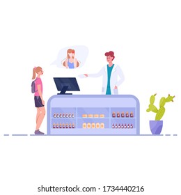 Moderne Apotheke Innere mit Besucher. Bestellen und kaufen Sie Medikamente und Medikamente. Apotheker an der Theke in der Uniform. Konzept der Gesundheitsfürsorge und medizinischen Behandlung. Vektor-Abbildung