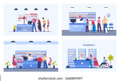 Modern pharmacy interior with visitors set. Client order and buy medicaments and drugs. Pharmacist standing at the counter in the uniform. Healthcare and medical treatment concept. Vector illustration