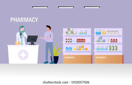 Modern pharmacy interior with visitors set. client order and buy medicaments and drugs. healthcare and medical treatment concept