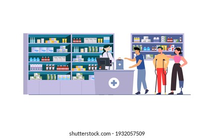 Modern pharmacy interior with visitors set. client order and buy medicaments and drugs. healthcare and medical treatment concept