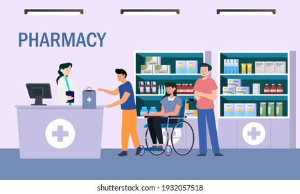 Modern pharmacy interior with visitors set. client order and buy medicaments and drugs. healthcare and medical treatment concept