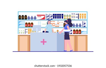 Modern pharmacy interior with visitors set. client order and buy medicaments and drugs. healthcare and medical treatment concept