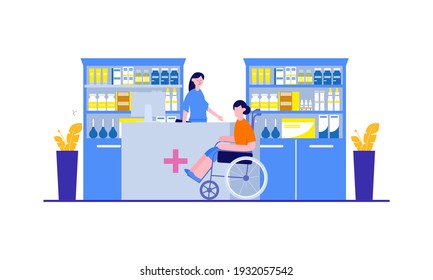 Moderno interior de farmacia con visitantes. pedido de cliente y compra medicamentos y medicamentos. concepto de asistencia sanitaria y tratamiento médico