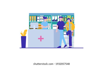 Modern pharmacy interior with visitors set. client order and buy medicaments and drugs. healthcare and medical treatment concept